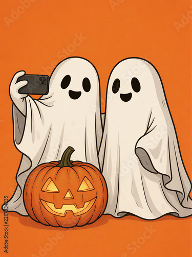 Cute white ghosts taking a selfie with carved pumpkin on orange background