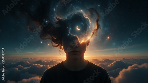 Cosmic Mind Conceptual Art with Nebula and Starry Sky