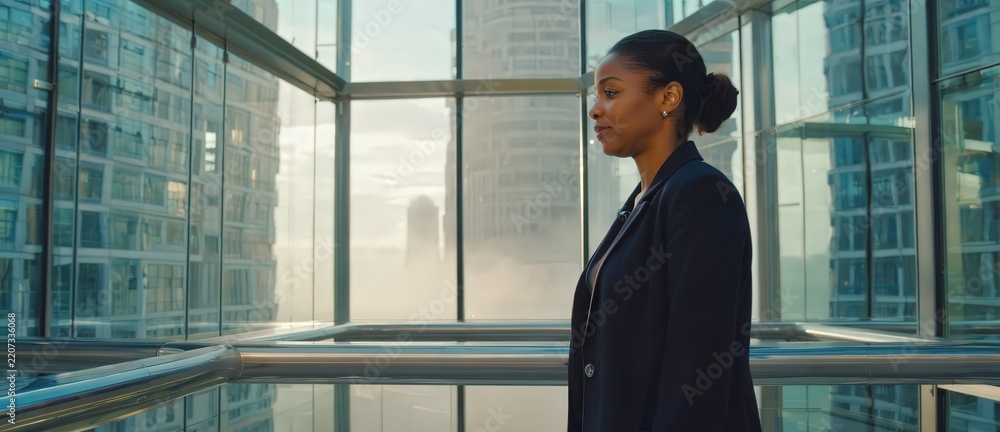 Fototapeta premium Executive leadership at sunrise inside luminous glass architecture representing ambition and new opportunities.