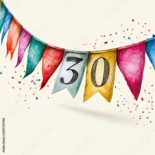 Colorful festive flags with handwritten numbers 3 and 0 hanging on a string surrounded by confetti for a joyful thirtieth celebration design
