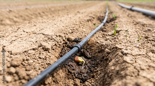 Drip irrigation system watering newly planted sprouts in a field