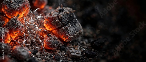 Close up of glowing red hot embers and charred wood with shiny metallic strands. Burning fire ash texture. Copy space for text