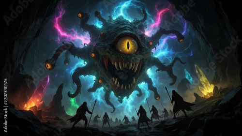 Dark cave scene features a monstrous, multi-limbed creature with glowing eyes