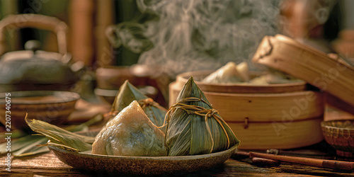 Traditional Sticky Rice Dumplings Steaming in Bamboo Basket, ai generated.