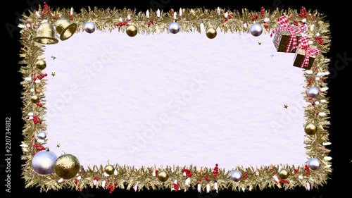 3D Golden Christmas Card illuminated string lights, gold and silver ornaments, holly berries, pine leaves, bells, stars, gift boxes, loop animation on black background, white snow ground's copy space.
