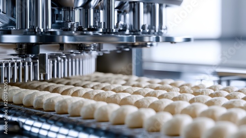 Automated industrial bakery machine forming uniform dough balls in a high-tech food production line with stainless steel equipment and conveyor system
