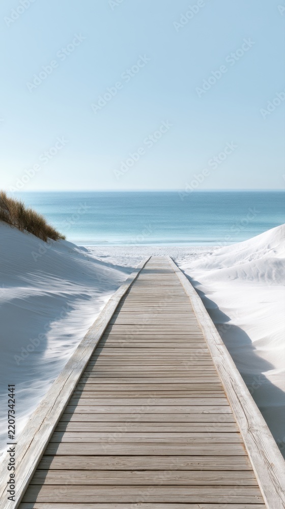 Fototapeta premium Wooden boardwalk leading through snowy dunes toward the calm ocean under clear blue sky on a bright winter day