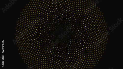 Luxury gold halftone dot pattern, elegant circular radial spiral on black background, premium abstract geometric vector for gala event invitations