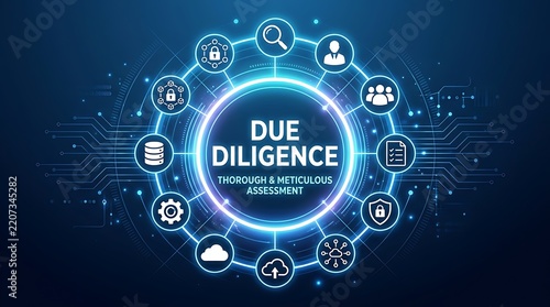 Due Diligence Concept Illustration with Digital Icons and Network Connections on Dark Blue Background for Business Assessment