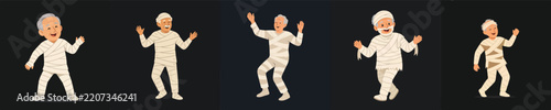 Vector illustration of a grandpa dancing happily in a mummy costume Halloween