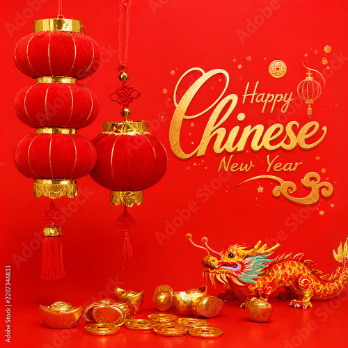 Chinese New Year celebration with lanterns and dragon