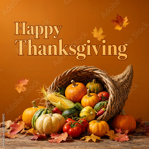 Thanksgiving harvest cornucopia with autumn decor