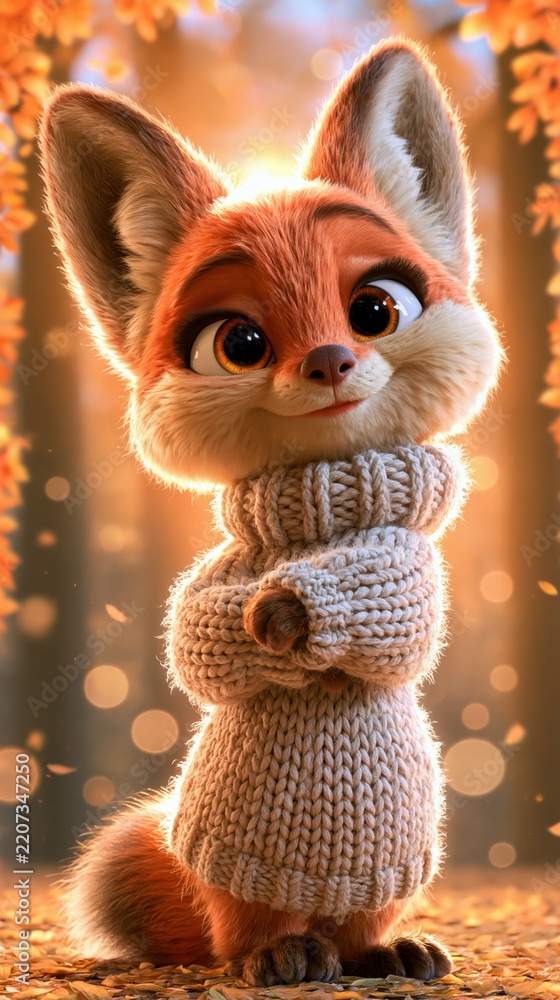Obraz premium Adorable animated fox wearing a cozy knitted sweater standing confidently in an autumn forest with warm sunlight and falling leaves around it