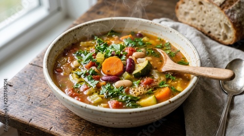 Steaming bowl of hearty vegetable minestrone soup with beans and herbs on rustic wooden table. Warm homemade vegetarian comfort food