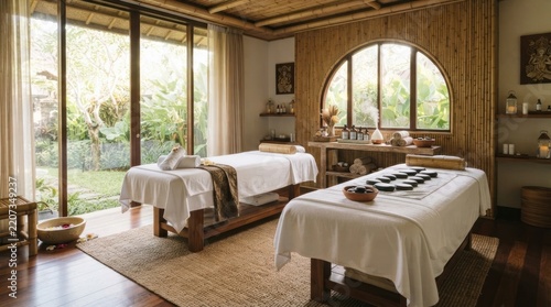 Luxurious serene spa room with two massage beds and garden view.