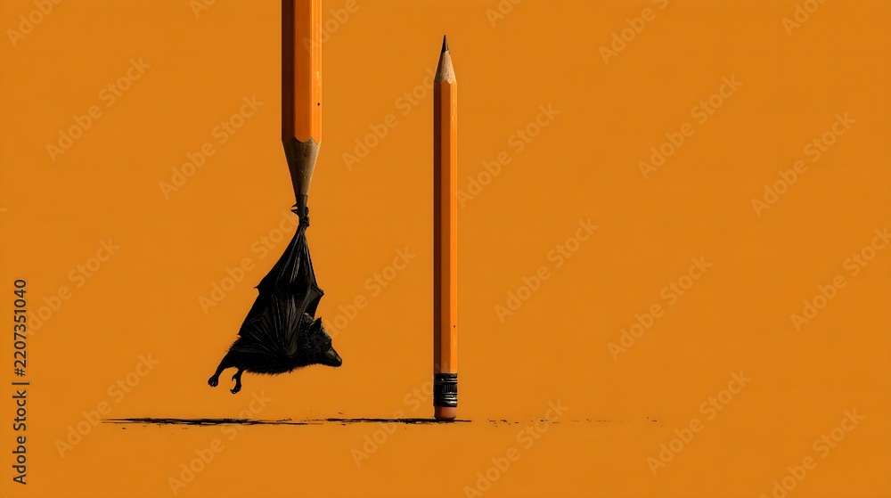 Obraz premium Halloween school stationery concept with an orange pencil pointing down and a black bat hanging from its tip beside an upright pencil on an orange background