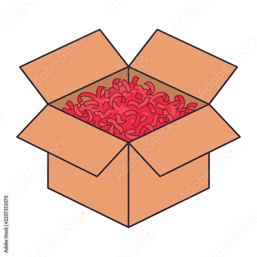 Open Cardboard Box Filled With Red Shredded Paper For Packaging And Protection