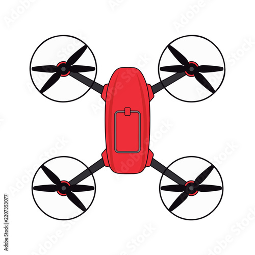 Top view of a red quadcopter drone with black propellers and white circular guards isolated on a white background