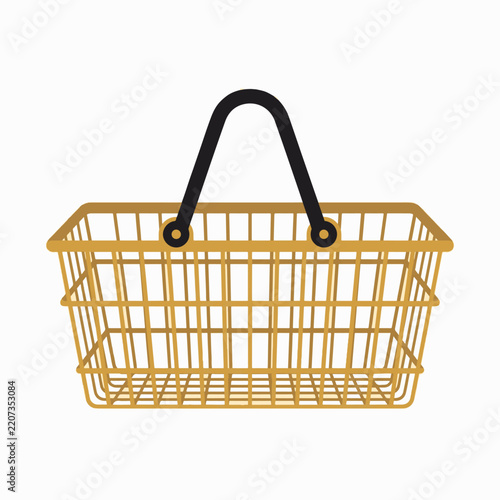 Golden Shopping Basket with Black Handle on a White Textured Background