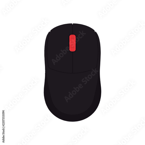 Top View of a Black Computer Mouse with a Red Scroll Wheel on a White Background