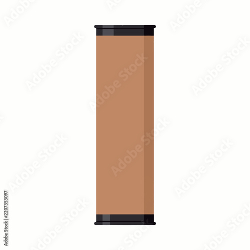 Tall cylindrical object with brown textured surface and black caps on white background