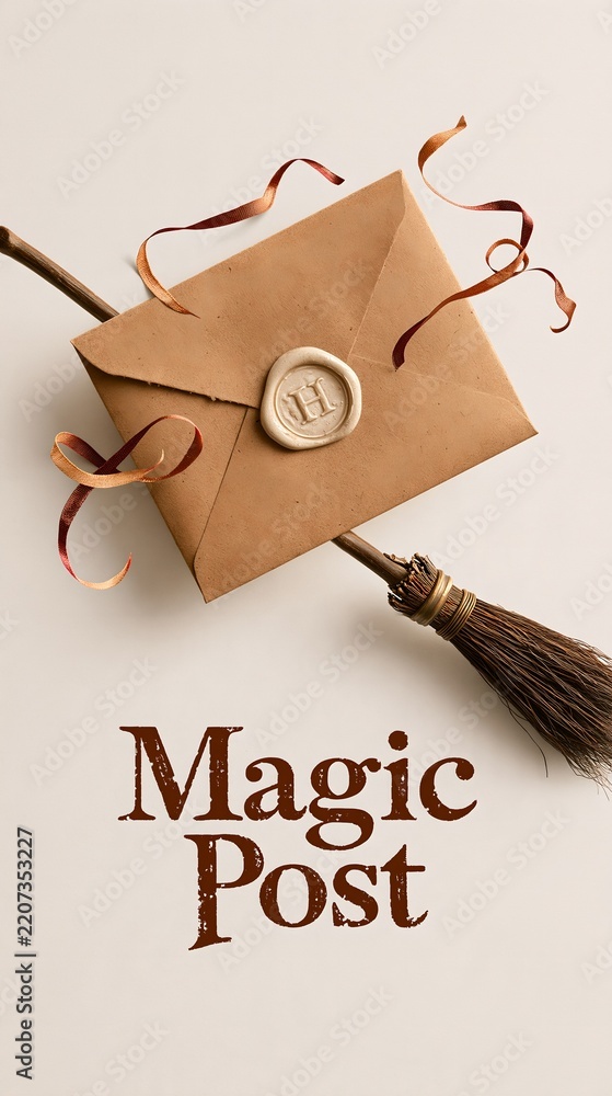 Fototapeta premium Vintage kraft envelope with wax seal and swirling ribbon crossed with wooden broom, wizard mail concept flat lay on beige background for invitation design