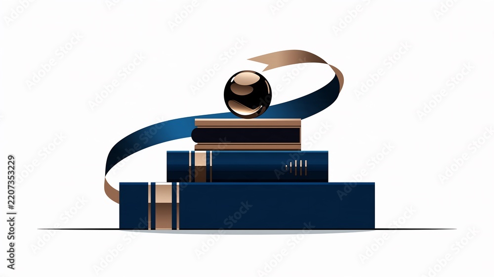 Fototapeta premium Stack of navy blue books with swirling gold ribbon and glossy sphere, wisdom symbol in elegant three dimensional style for education and library