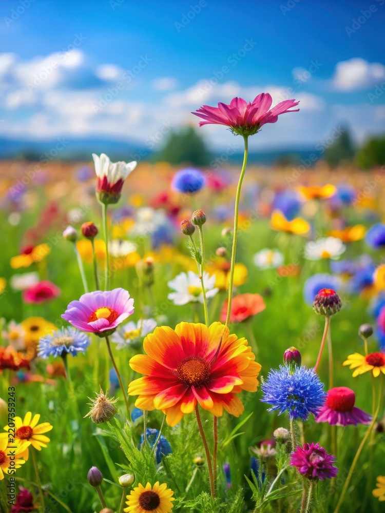 Fototapeta premium Vibrant wildflowers sway gently in the warm spring breeze amidst a lush meadow filled with green grass and colorful blooms