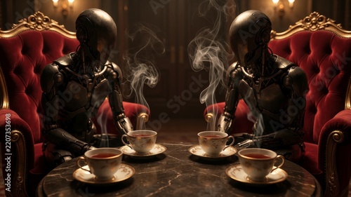 Futuristic Cyborgs Enjoying Tea in Luxury Lounge