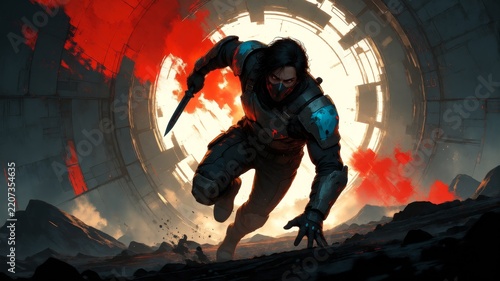 Futuristic Sci-Fi Soldier Rushing Through Tunnel