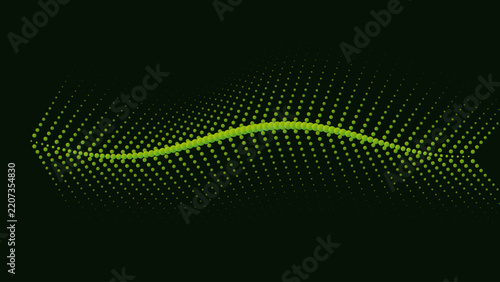 Abstract green halftone wave pattern on black background, digital neon dotted line vector illustration, futuristic data visualization wave