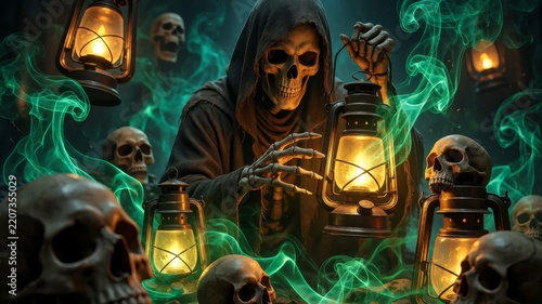 Ghostly hooded figure amid glowing lanterns and skulls