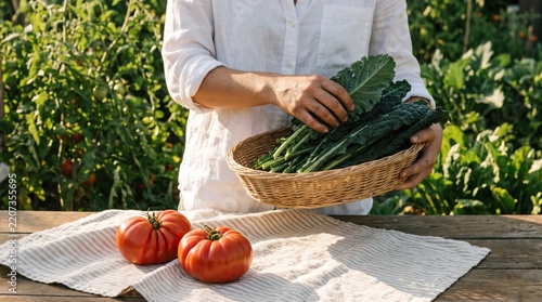 Woman harvesting fresh kale and heirloom tomatoes from a home garden. Showcasing sustainable organic farming, healthy eating, and the joy of homegrown produce for a natural lifestyle.
