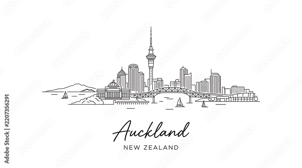 Fototapeta premium Minimalist Line Drawing of Auckland New Zealand Sky with Iconic Skyline and Harbour View for Travel and Cityscape Enthusiasts