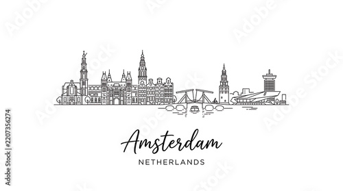 Minimalist Line Drawing of Amsterdam Skyline with Iconic Structures and Bridges Highlighting Cityscape in a Contemporary Style