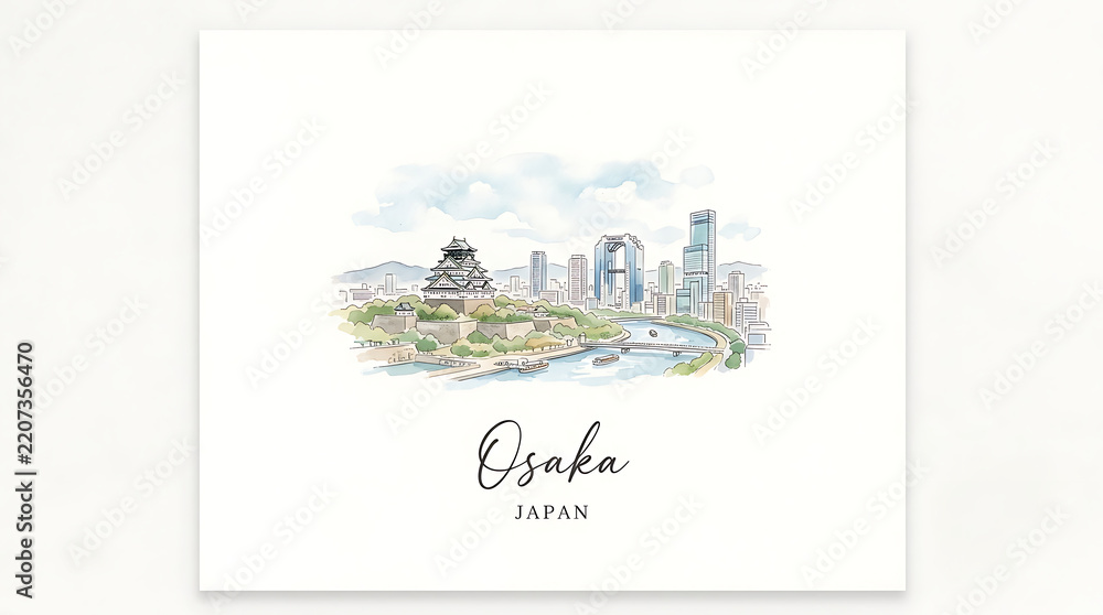 Obraz premium Elegant watercolor illustration of Osaka Japan showcasing skyline with historic castle and modern skyscrapers