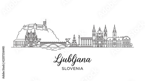 Illustration of Ljubljana's Skyline Featuring Historic and Cultural Landmarks in a Minimalist Line Art Style
