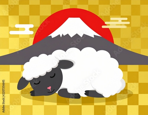 Cute sheep resting before Mount Fuji on a golden checkered Japanese New Year background
