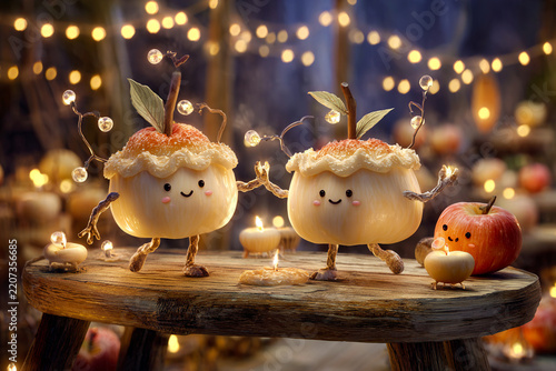 Enchanted apple pies with cute faces dancing under golden fairy lights