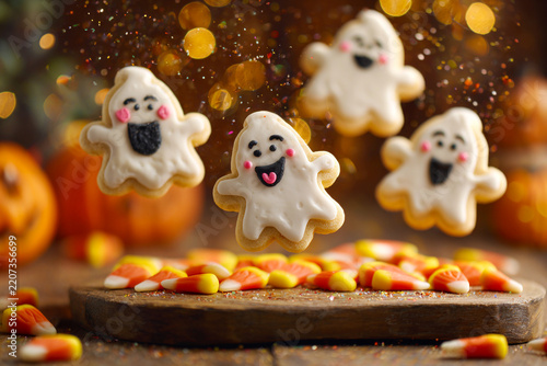Magical ghost-shaped cookies with playful expressions floating above wooden table