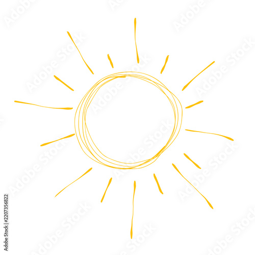 Crayon drawn yellow sun icon. Cute kid drawing style. Hand drawn doodle sun element. Childish vector illustration isolated on white background