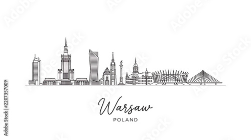 Minimalist skyline of Warsaw Poland featuring iconic buildings and landmarks in elegant line art style