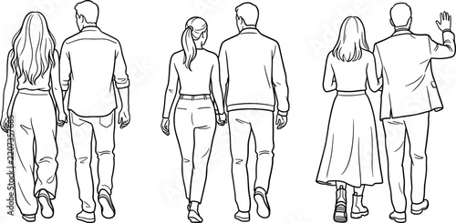 Line drawing of three diverse couples walking together from behind.