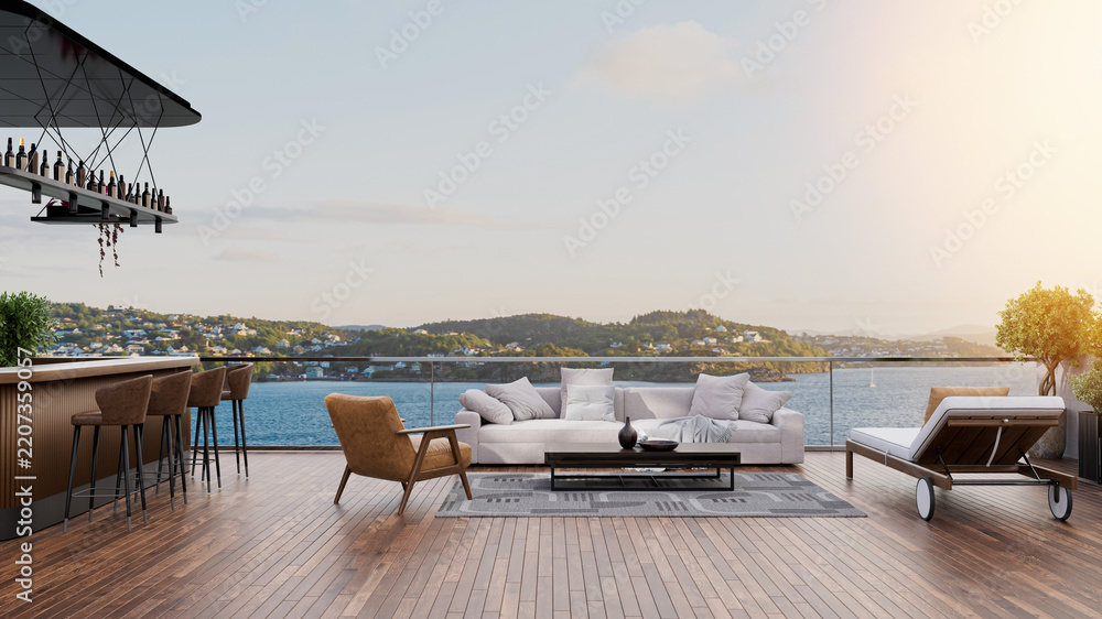 Obraz premium Luxury Waterfront Terrace with Modern Outdoor Lounge