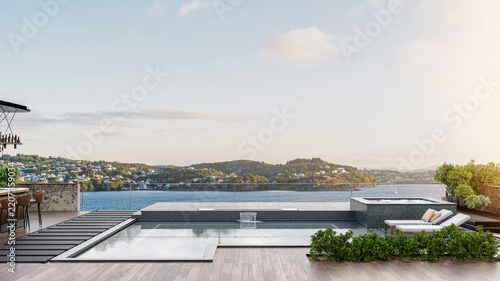 Modern Infinity Pool on Luxury Waterfront Terrace