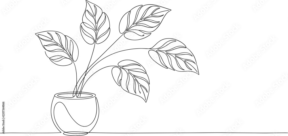 Obraz premium A simple line art drawing of a potted houseplant sitting on a surface.
