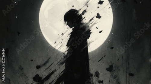 Melancholic Silhouette of a Woman Against a Full Moon