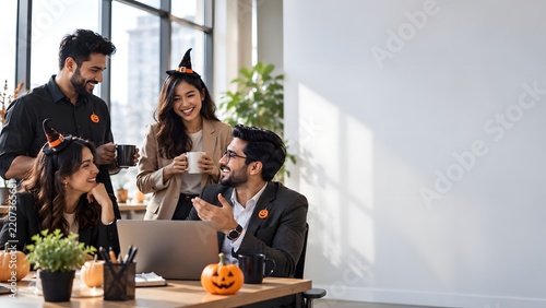 Diverse Business Team Celebrating Halloween in Office