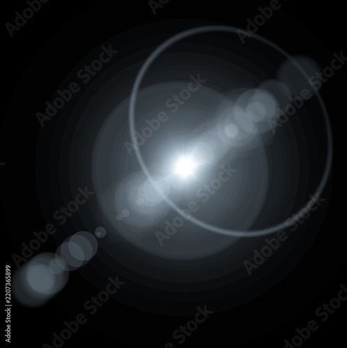 Glowing white optical lens flare effect featuring bright shining starburst with glowing circles and digital glare elements isolated on transparent background