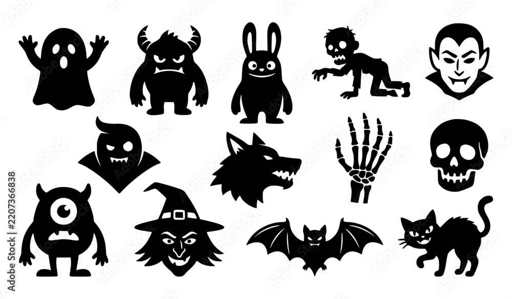 Obraz premium Spooky Halloween monster silhouette sticker set with ghosts skulls bats witches and creepy creatures